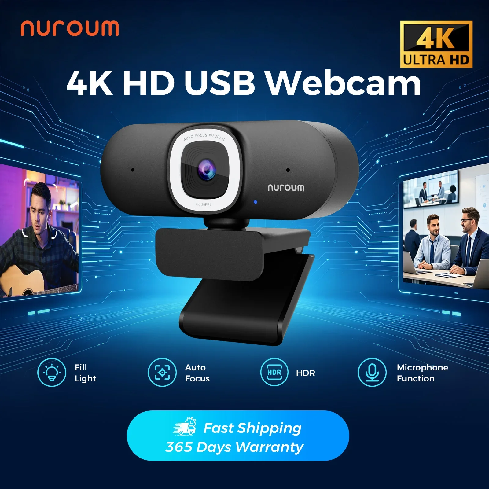 Webcam Ring Light - NUROUM V32AFL 4K webcam with mic,